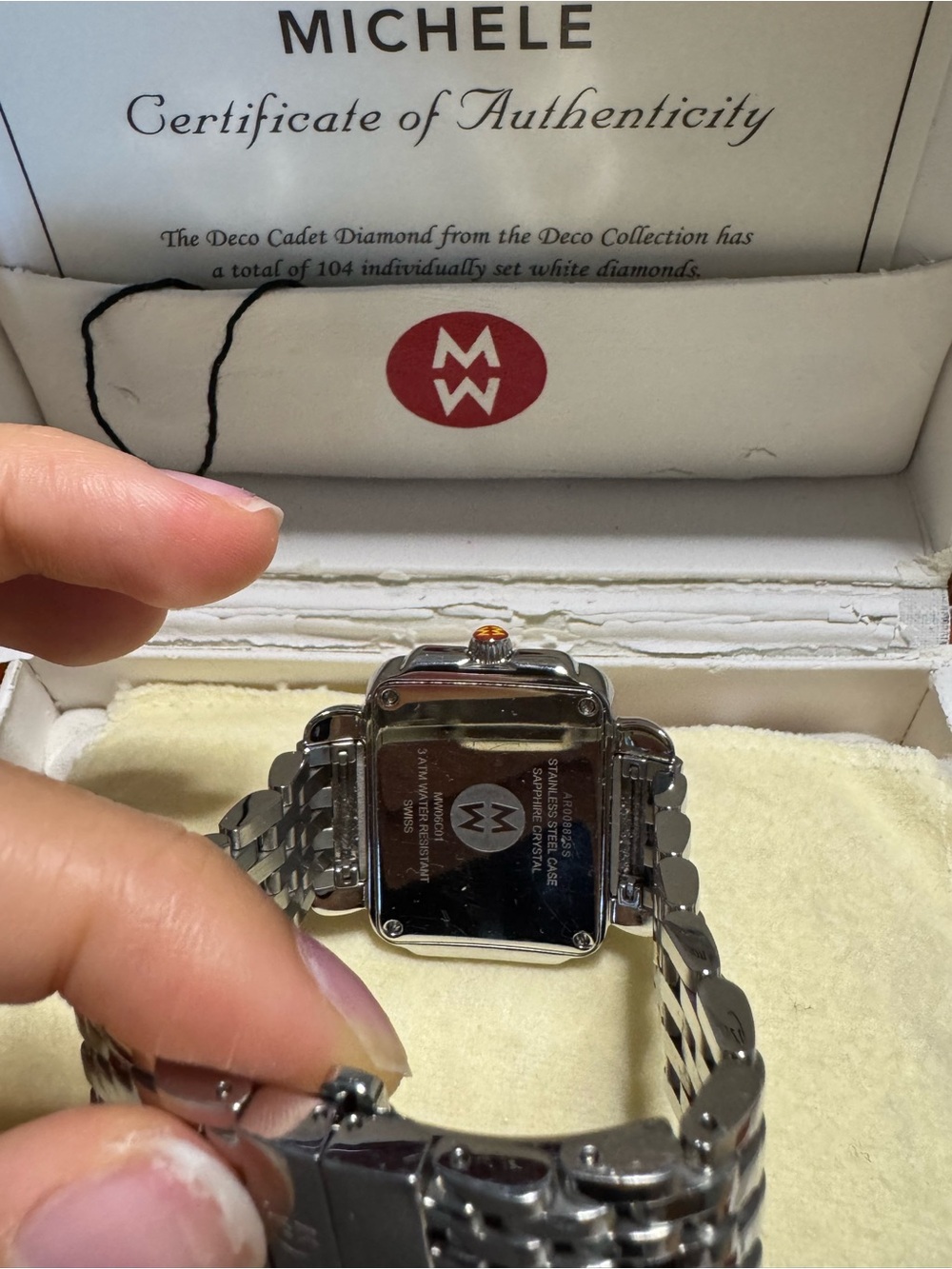 Michele Silver Stainless Steel Diamond-Accent Square Dial Watch - Picture 3 of 10